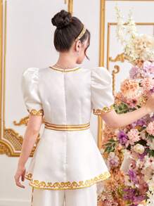 SHEIN Teen Girl's Woven Placement Print Pattern Leg-Of-Mutton Sleeve V-Neck Blouse - White - View 2