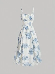 SHEIN MOD Women's Floral Print Frilled Hem Cami Dress,Pastel Dresses For Women
