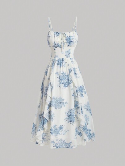 SHEIN MOD Women's Floral Print Frilled Hem Cami Dress,Pastel Dresses For Women