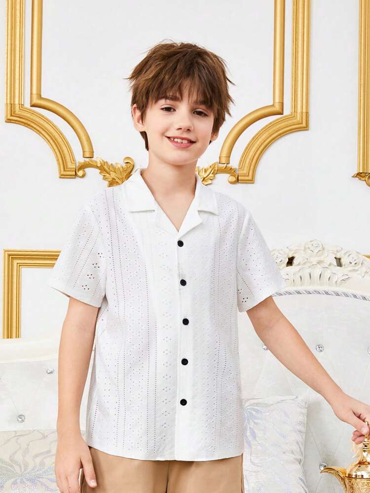 Tween Boy Loose Comfy Knitted Jacquard Short Sleeve Shirt With Turn-Down Collar
