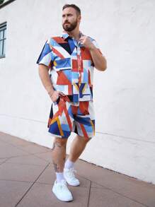 Manfinity Homme Men's Plus Size Geometric Printed Shirt With Button Front And Shorts Set - Multicolor - View 4