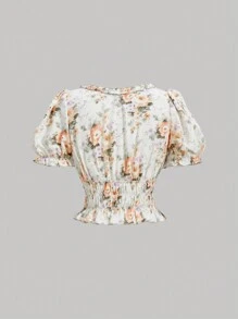 SHEIN MOD قميص نسائي مقصوص بأكمام منتفخة وطبعة زهور - متعدد الألوان - مشاهدة 2