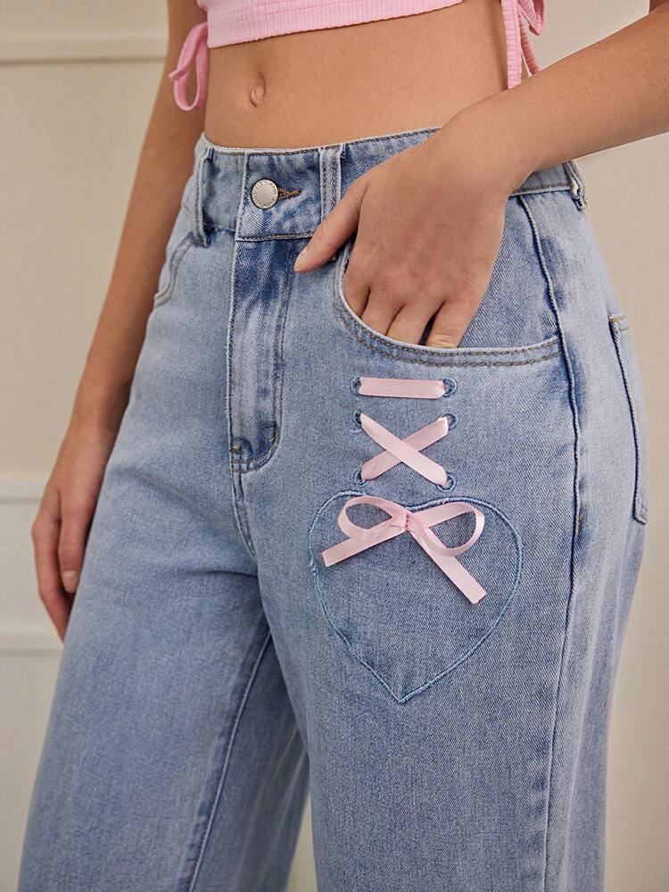 90s Call Back Ribbon Decorate Denim Straight Leg Jeans