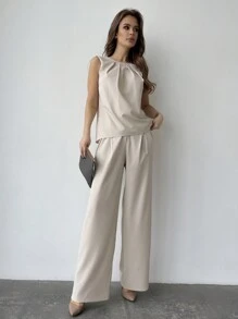 Firerie Solid Color Round Neck Pleated Top And Wide Leg Pants - White - View 6