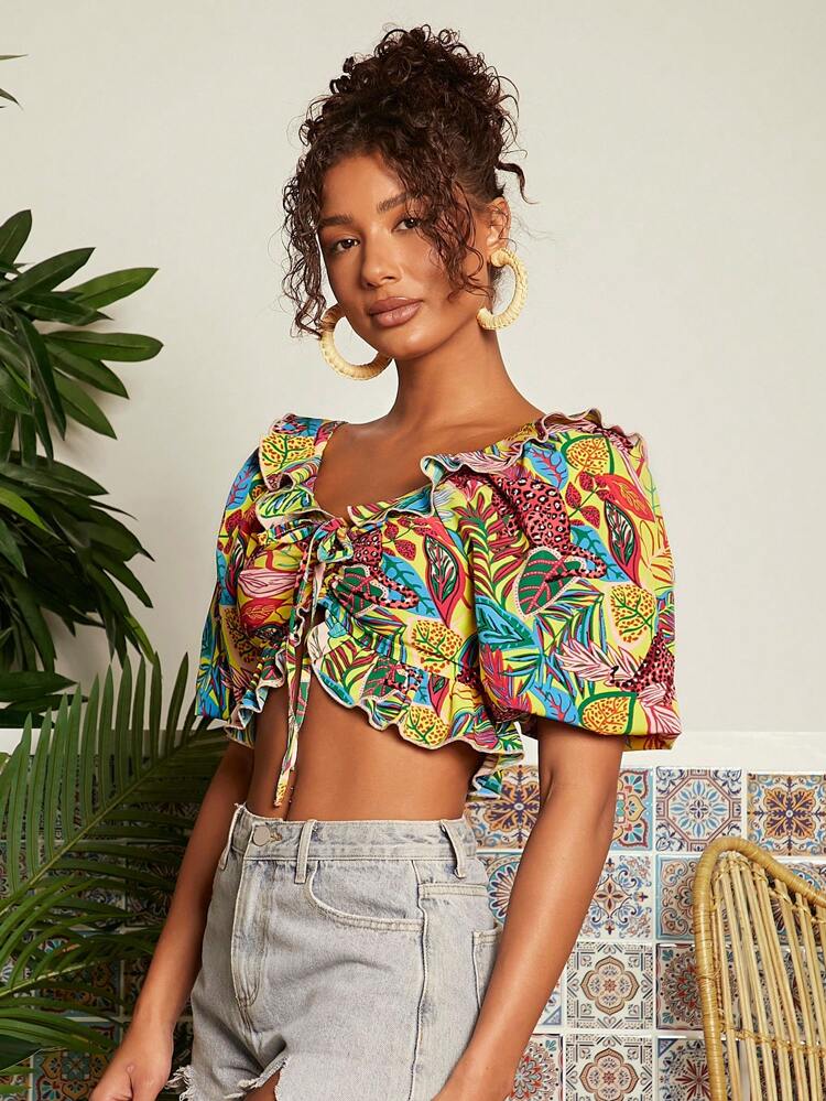 Vacation Flounce Neckline Puff Sleeve Drawstring Crop Top