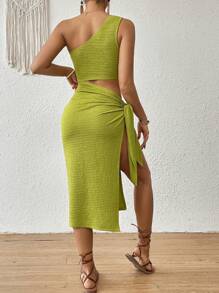 SHEIN VCAY 女士單肩無袖高開叉裙 - 綠色 - 查看 2