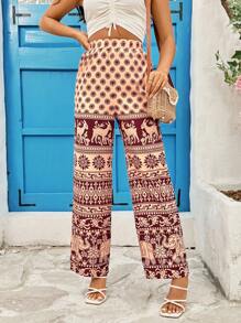 SHEIN LUNE Women's Elastic Waist Flower & Animal Pattern Printed Pants - Multicolor - View 1