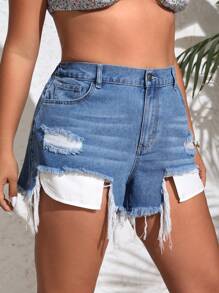 SHEIN Privé Kích thước lớn Frayed Hem Đau khổ Quần short Denim Với tua - Rửa trung bình - Xem 4
