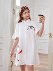 SHEIN 少女時裝鬆身白色假日裙,帶女孩印花的編織衫領 - 白色 - 查看 4