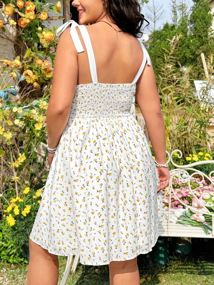 Plus Size Women's Floral Print Shoulder Knot Dress