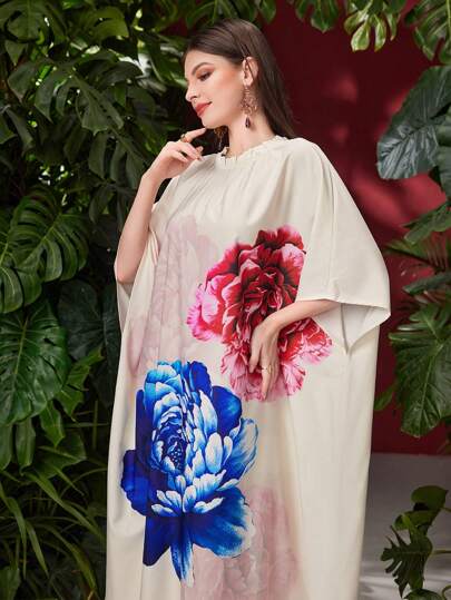 Al Najma Floral Printed Batwing Sleeve Dress Kaftan Jalabiya Dress
