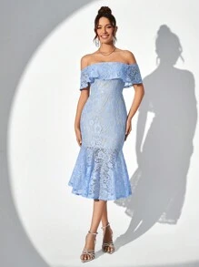SHEIN Belle 露肩、蕾絲面料、修身美人魚裙 - 淺藍色 - 查看 4