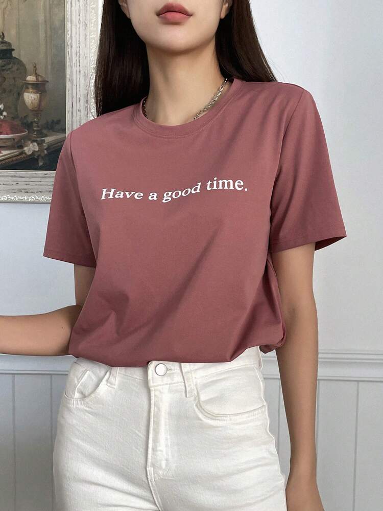 Women's Loose Fit Round Neck Short Sleeve T-Shirt With Slogan Print Have A Good Time Summer