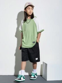 SHEIN Tween Boys' Casual Loose Fit Short Sleeve Knit T-Shirt With Color Block, Letter Patch And Hoodie - Multicolor - View 3