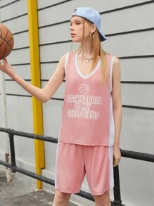 Streetz SHEIN Sport Women's Letter Print Vest And Shorts Sports Suit - Pink - View 3