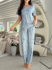 花卉印花短袖上衣和裤子睡衣套装