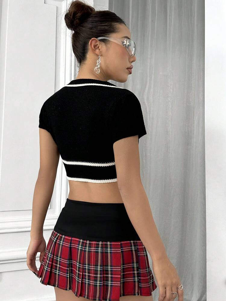 Color-Block Crop Knitted Top With Border For Women
