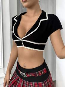 SHEIN Unity Top Corto De Punto Con Bloque De Color Y Ribete Para Mujeres