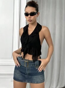 SHEIN Unity Damen-tanktop Mit Gespleißtem Neckholder Und Rüschensaum - Schwarz - Übersicht 4
