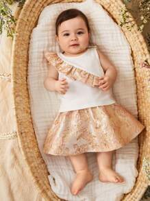 SHEIN Newborn Baby Girl Color Block Splicing Jacquard Fabric Round Neck Sleeveless Blouse With Ruffle, A-Line Skirt Set - Multicolor - View 5