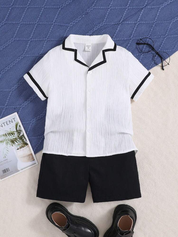 Young Boy's Preppy Style Turn-Down Collar Short Sleeve Shirt And Shorts Set