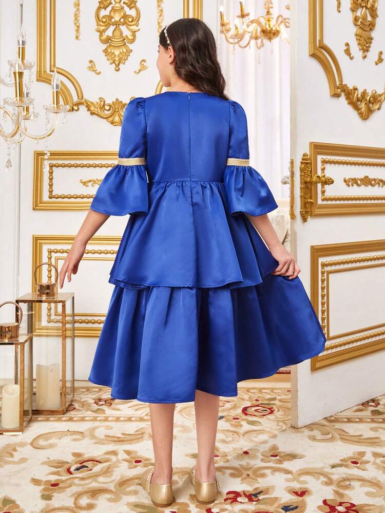 Tween Girl Floral Jacquard Color Block Crew Neck Flare Sleeve Dress