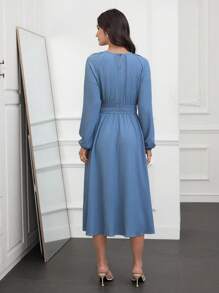 Mulvari Ladies' Solid Color A-Line Empire Waist Dress - Dusty Blue - View 2