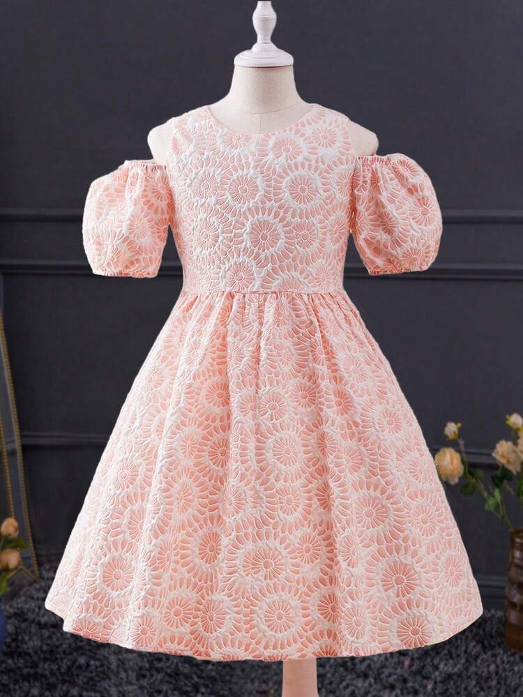 Tween Girls' Jacquard Backless Dress With Hollow Out Bowknot And Off-Shoulder Design