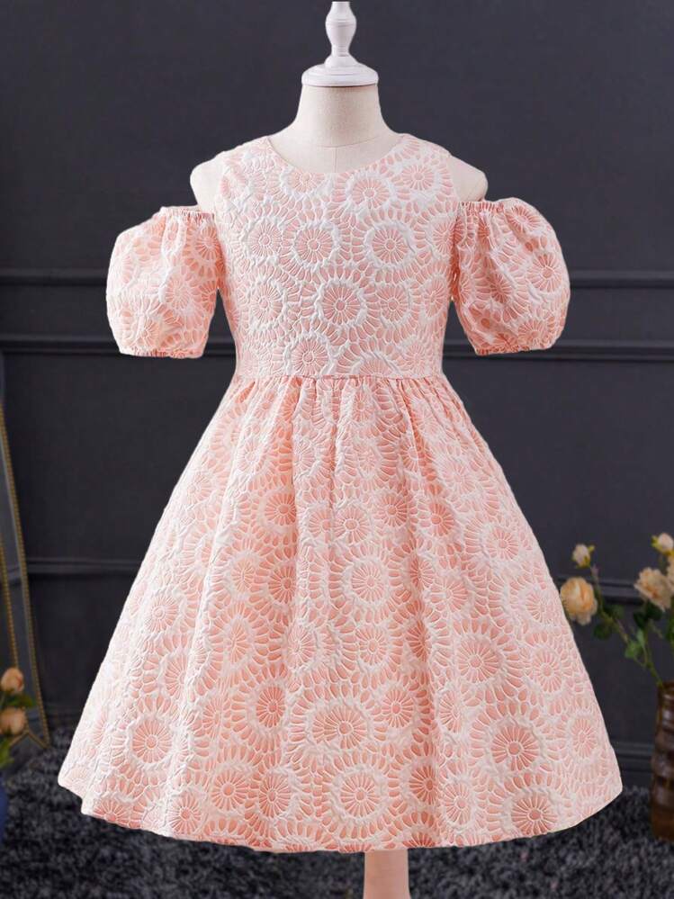 SHEIN Robe Dos Nu En Jacquard Pour Filles Préadolescentes Avec Nœud Papillon Creux Et Design Épaules Dénudées - Multicolore - Voir 2