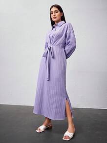 Mulvari Women's Solid Color Batwing Sleeve Tie Waist Dress - Purple - View 6