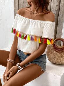 Breezaya Off-Shoulder Shirt With Tassel Fringe Decoration - أبيض - مشاهدة 6