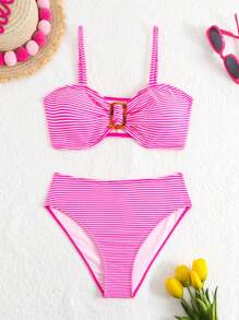 Teen Girl Striped Bikini Set Summer Beach - Pink - View 8