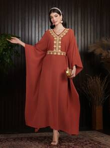 Al Najma 女士短袖蝙蝠袖刺繡裝 - 橘色 - 查看 3