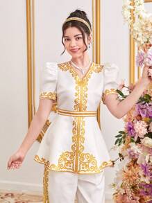 SHEIN Teen Girl's Woven Placement Print Pattern Leg-Of-Mutton Sleeve V-Neck Blouse - White - View 8