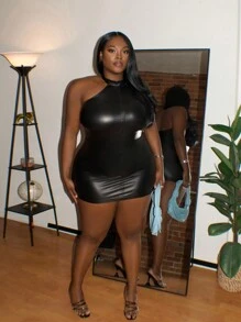 Slaydiva 大尺碼女士無袖pu皮緊身連衣裙,帶頸部繫帶 - 黑色 - 查看 6