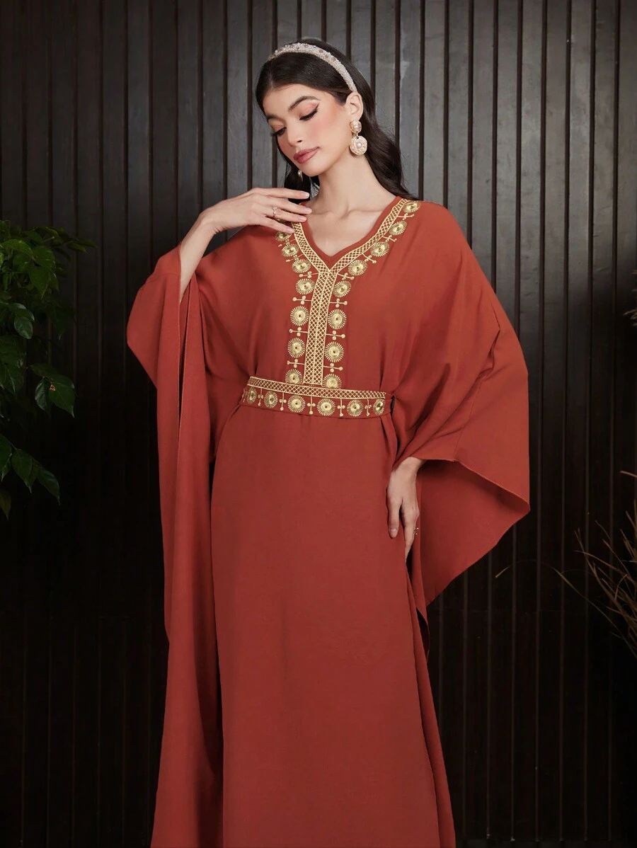 Al Najma 女士短袖蝙蝠袖刺繡裝 - 橘色 - 查看 1