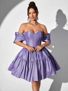SHEIN Belle Của phụ nữ Màu thuần Off Shoulder Đầm tiệc rượu - Màu tím hoa cà - Xem 6