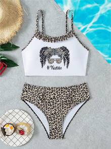 Teen Girls' Leopard Print & Character Print Splice Cami Triangle Bikini Set - Multicolor - View 1