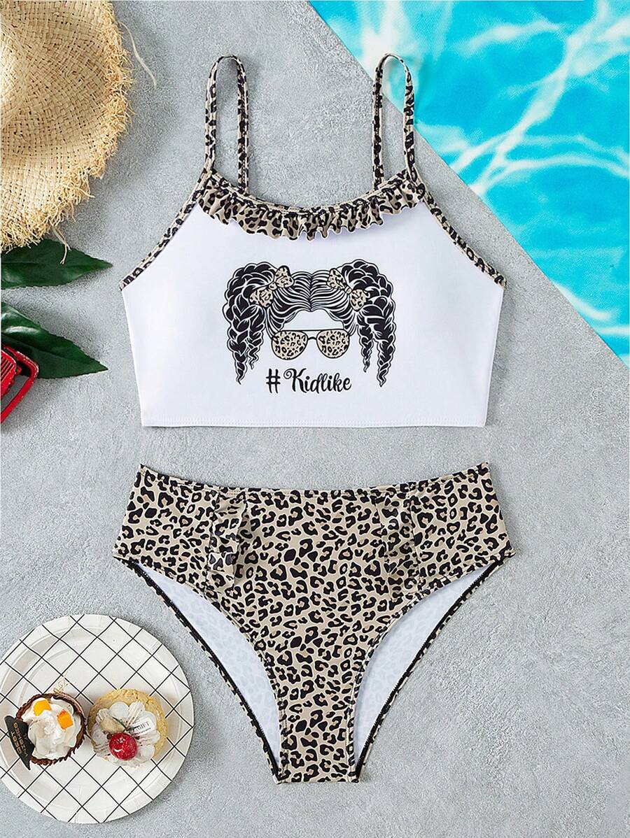 Teen Girls' Leopard Print & Character Print Splice Cami Triangle Bikini Set - Multicolor - View 1
