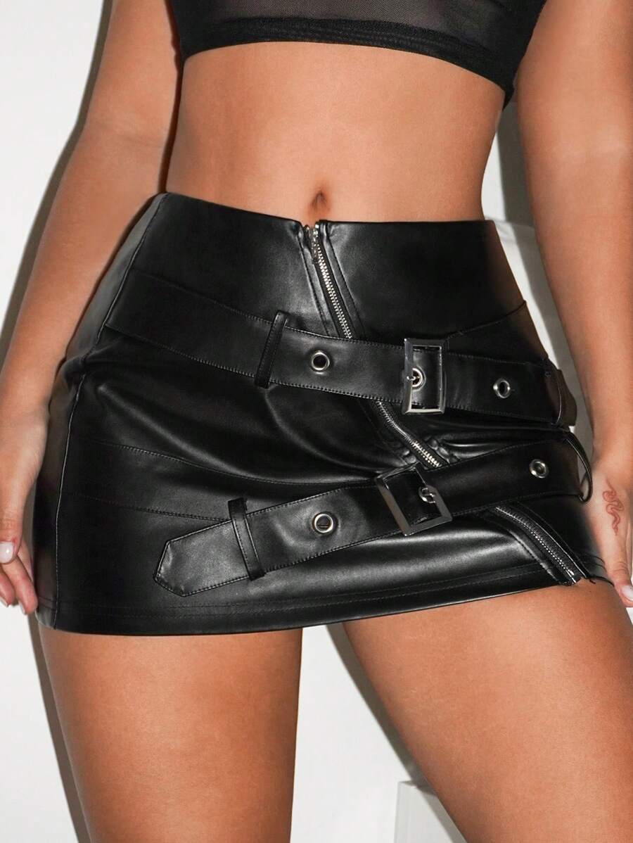 SHEIN ICON Y2k 黑色 PU 迷你裙，斜拉链，配腰带 - 黑色 - 查看 1