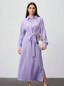 Mulvari Women's Solid Color Batwing Sleeve Tie Waist Dress - Purple - View 1