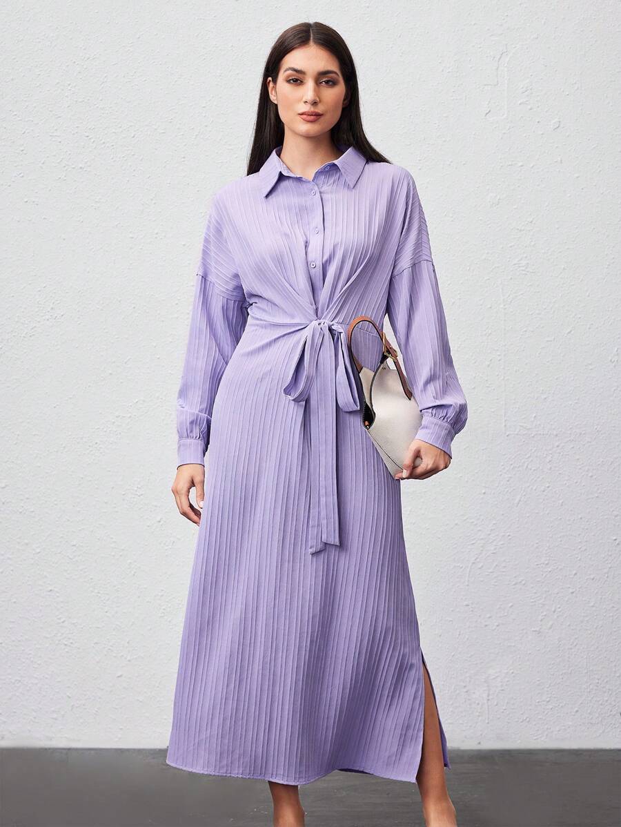 Mulvari Women's Solid Color Batwing Sleeve Tie Waist Dress - Purple - View 1
