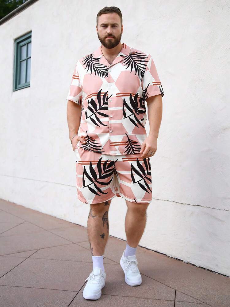 Men's Plus Size Leaf Printed Button Front Shirt And Shorts Set