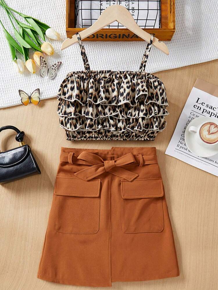 Tween Girl's Leopard Print Two-Piece Set Including Ruffle Trim Cami Top With Detachable Belt And Decorative Pocket Cover Skirt