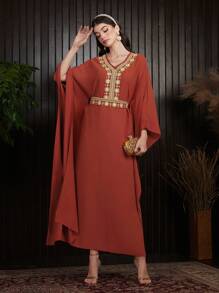 Al Najma 女士短袖蝙蝠袖刺繡裝 - 橘色 - 查看 4