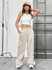 SHEIN EZwear 純色低腰翻領口直檔褲 - 卡其色 - 查看 4