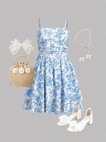 Cô gái Đan Hoa In Giải trí Dây đeo Mì Ý  Đầm - Màu xanh lam - Xem 1