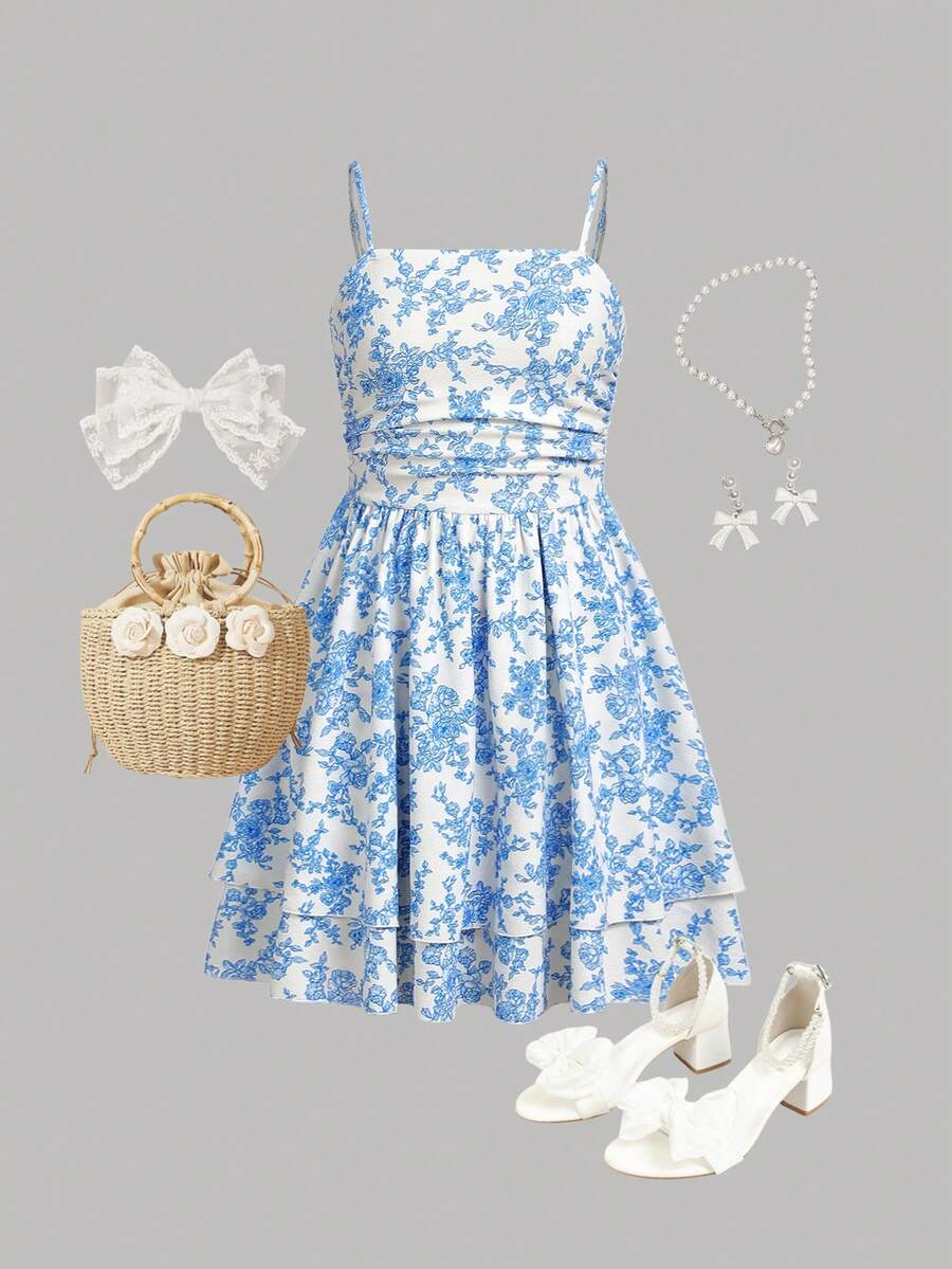 Cô gái Đan Hoa In Giải trí Dây đeo Mì Ý  Đầm - Màu xanh lam - Xem 1