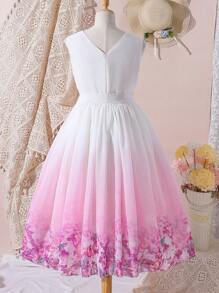 SHEIN Tween Girl Purple Floral Print Chiffon Ball Gown Dress With Belt - Purple - View 2