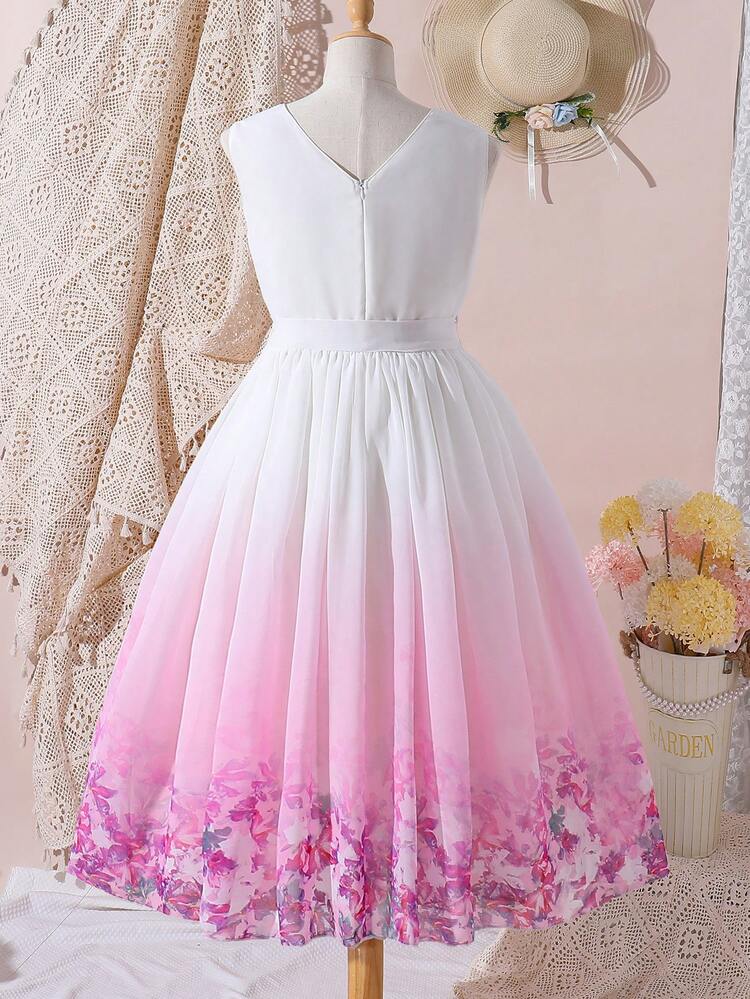 Tween Girl Purple Floral Print Chiffon Ball Gown Dress With Belt